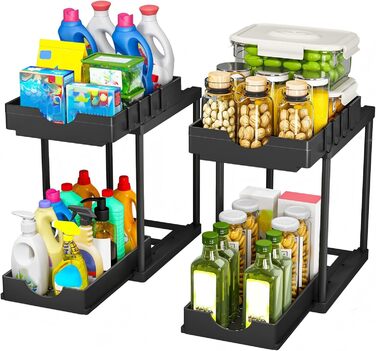 StowBin Kitchen Organizer, 2 Pack Under Sink Shelf with 4 Hooks, Dish Cabinet Organizer, Bathroom Organizer, Closet Organizer, Organization System for Kitchen