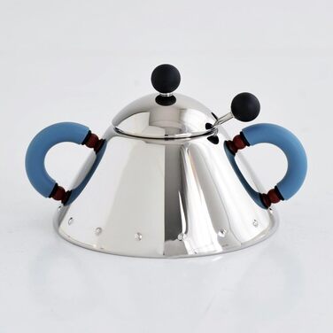 Цукорниця з ложкою Alessi з нержавіючої сталі, з блакитною ручкою і чорною кнопкою, 6.5x10.5x2 см