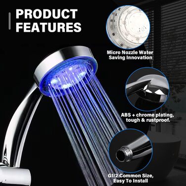 JINYOMFLY LED Shower Head with Lights, Shower Head with LED Lighting, 15CM Shower Head Color Changing, 3 Shower Modes Shower Light, Shower Head Light with Liquid Silicone Nozzle (Round)