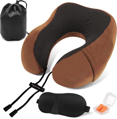 Подушка для шиї у вигляді звірка Memory Foam для дорослих з чохлами для вух, маскою для очей та сумкою. М'яка, дихаюча, ідеальна для подорожей, авто, офісу (колір: коричневий)