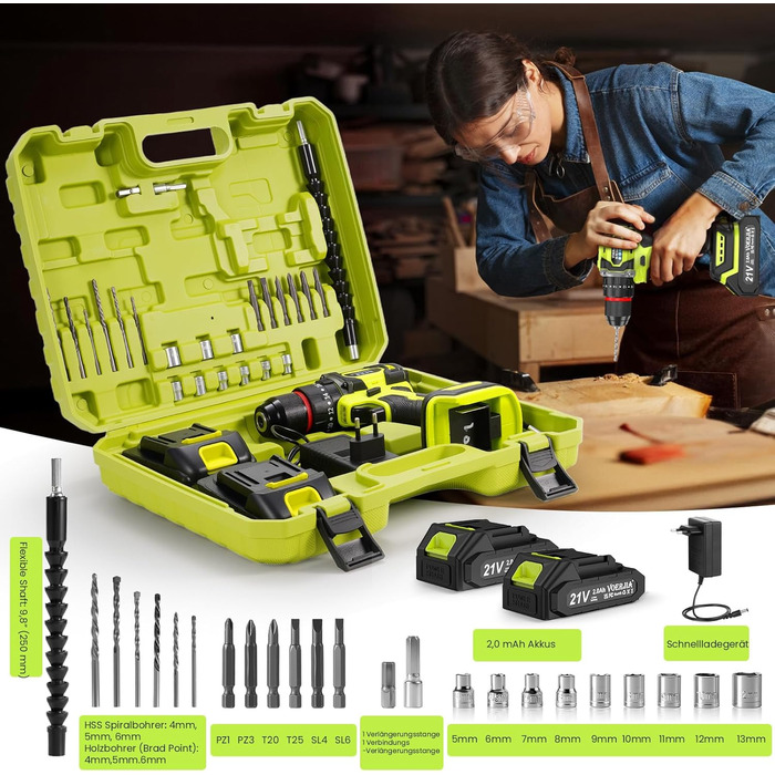 Акумуляторний дриль-шуруповерт 21V з набором аксесуарів (29 шт), безщітковий двигун, 2 акумулятори 2000 mAh, LED-ліхтар, 2 швидкості