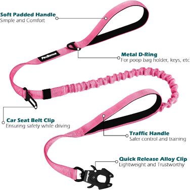 Тактична повідок для собак PetBonus Heavy Duty, 1,5м, еластична, з 2 м'якими ручками, страхувальний ремінь для авто, навчальна повідок No Pull для великих та середніх собак (Армійний зелений, Рожевий)
