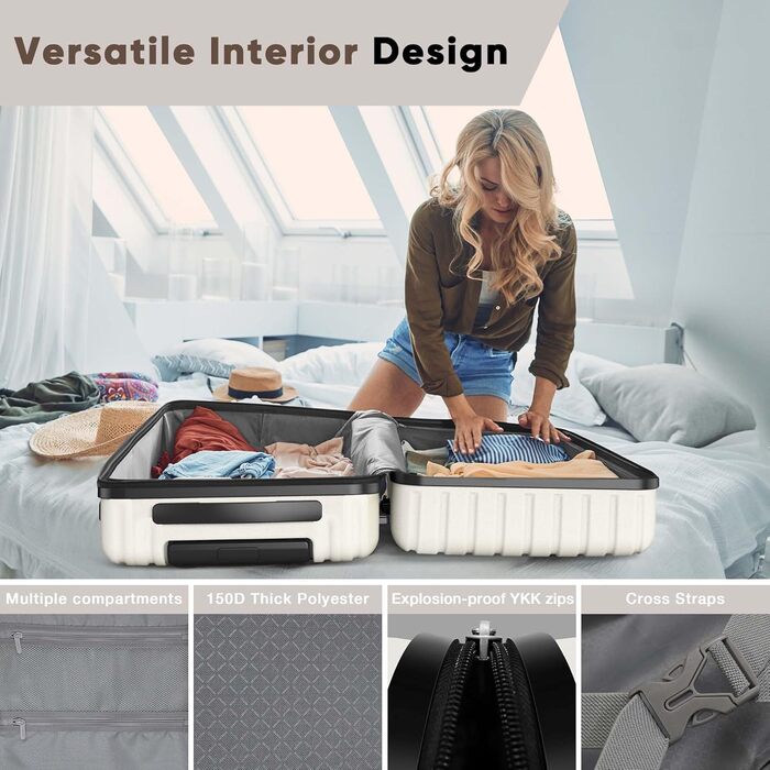 Набір валіз Showkoo з трьох частин (M, L, XL) з жорстким корпусом, розширюваний, легкий, з полікарбонату, білий. З TSA замком та 360° колесами.