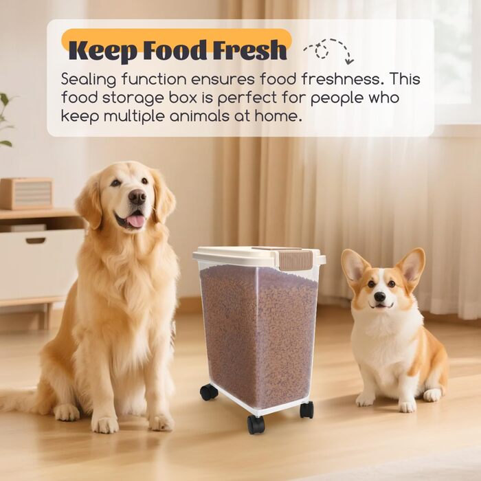 Контейнер для корму для собак та котів Nobleza, 40л, з датою виробництва, з роликами, повітряний, прозорий