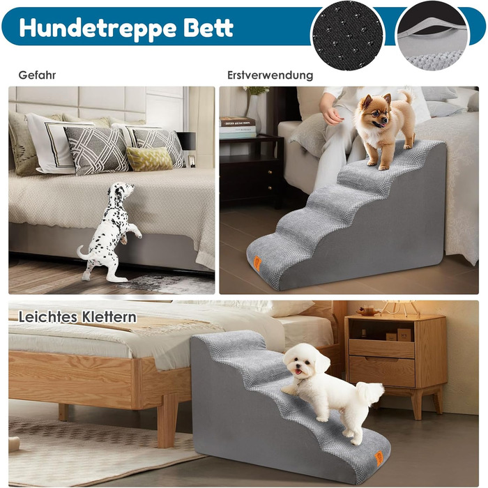 Myiosus Dog Stairs, 2 Steps Pet Stairs, Waterproof Dog Steps Made of Sponge, Non-Slip Dog Ramp for Sofa Bed, Washable Cover Dog Stairs, Portable Cat Stairs (5-Step Dog Stairs, Grey)