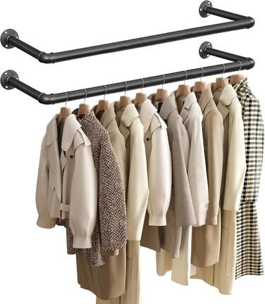 SONGMICS Wall Mounted Clothes Rails, 2 Pack, Coat Rails, Wall Mount, Space-Saving, 92 x 30 x 7.5 cm, Easy Assembly, Industrial Design, for Small Apartments, Black HSR67BK02