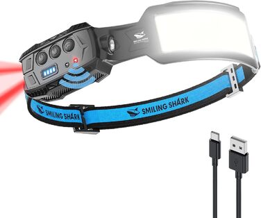 Smiling Shark Headlamp, Headlamp 7*White Light 270° Wide Illumination With Motion Sensor Super Bright Red Rear Light For Camping Fishing Repairing, Headlamp-Headlamp-LED-Rechargeable