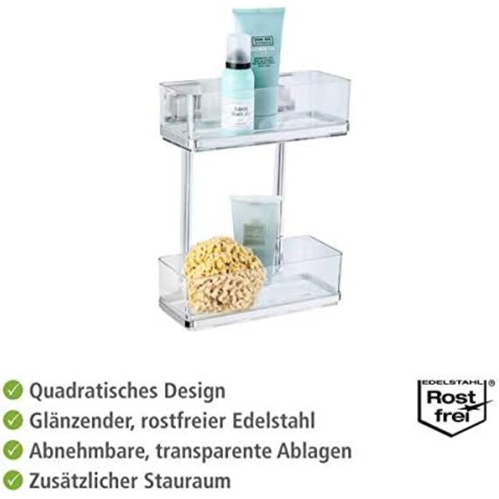 Двоповерхова полиця для ванної WENKO Vacuum-Loc Quadro Duo, без свердління, нержавіюча сталь, знімний пластиковий лоток, антикорозійна, 25,5x32,5x14 см