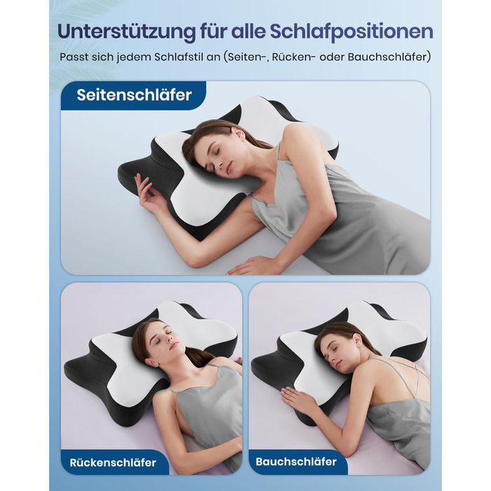 Подушка для шиї DONAMA для сну, ергономічна подушка для тих, хто спить на боці, спині та животі з знімним та пральним чохлом (Чорно-біла, 66x37x13 см)