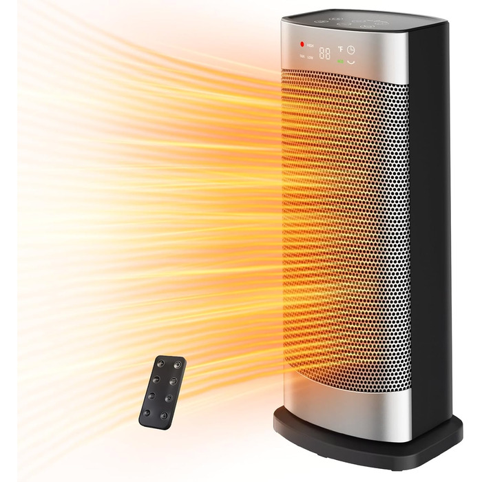 Електричний обігрівач з термостатом 1500W, 70°C, PTC кераміка, тихий, ECO-режим, таймер 24 год, захист від перегріву та перекидання, срібний, 41 см