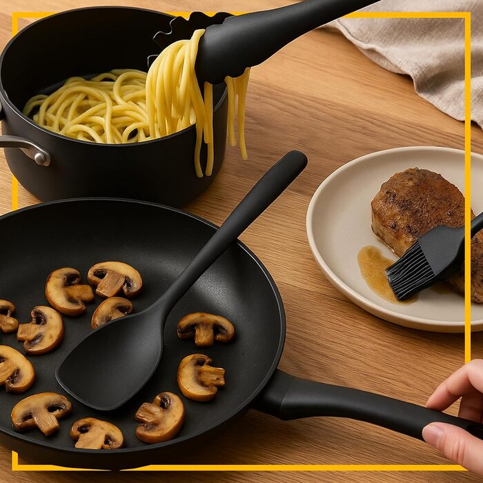 Набір кухонних аксесуарів Retoo з силікону, 10 шт. - кухонне приладдя, посуд, стійкий до високих температур, без BPA, з антипригарним покриттям, ергономічні ручки, придатний для миття в посудомийній машині, з коробкою для зберігання, чорний