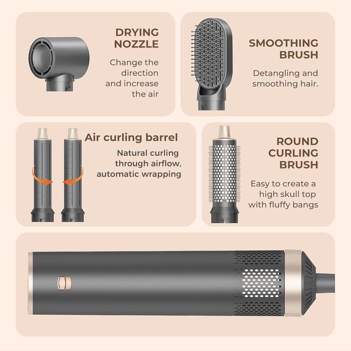 Фен-щітка 5 в 1 для волосся: укладання, випрямлення, завивання. Фен-щітка для жінок з насадкою, об'єм, Eurostecker (Сірий)
