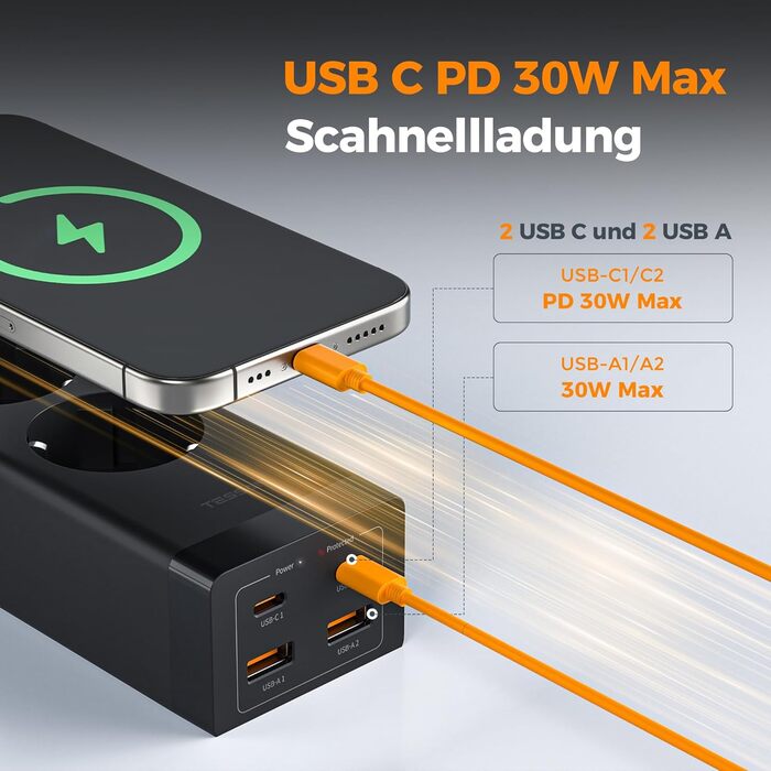 TESSAN Розподільник розеток USB-C 30W з GaN, 2 розетки, кабель 2м, захист від перенапруги 3600W, для офісу (5м, чорний)