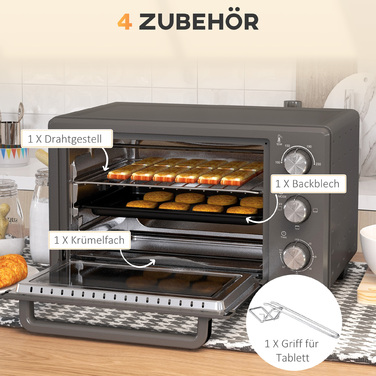 HOMCOM 21L Mini Oven 1400W 60 Min. Timer, Small Oven with Adjustable Temperature 100°C-230°C Baking Time, Mini Oven with Baking Tray, Wire Rack, Stainless Steel Table Oven, Grey | Aosom