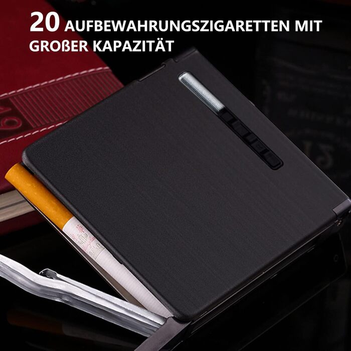 Елегантне Zigarettenetui з запальничкою CAM2, автоматичне витягування, вміщує 20 сигарет, чорний, з металевим малюнком
