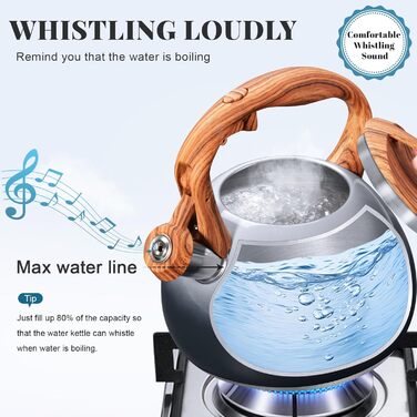 Чайник для плити GGC з регулятором рівня води 3.1 л / 3 л, з свистком, градієнт кольору сірий/чорний, з дерев'яною ручкою, з нержавіючої сталі для дому