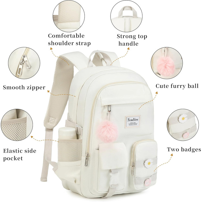 Шкільний рюкзак YAMTION для підлітків, 15.6 дюймів, для ноутбука, середньої школи, коледжу, стильний (Бежевий)