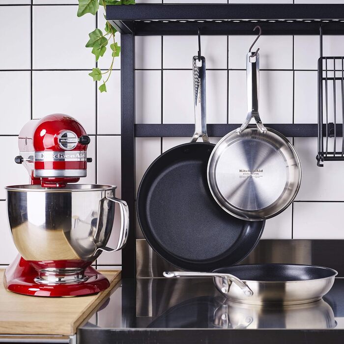 Набір сковорідок KitchenAid з нержавіючої сталі 20 см і 28 см, 3-шарове антипригарне покриття, для індукції, для духовки, посудомийної машини, з холодною ручкою, сріблястий