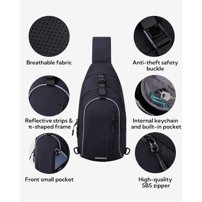 Чоловіча/Жіноча сумка через плече Waterfly - Messenger Bag Crossbody для спорту, подорожей, велоїзди та туризму (Чорна)