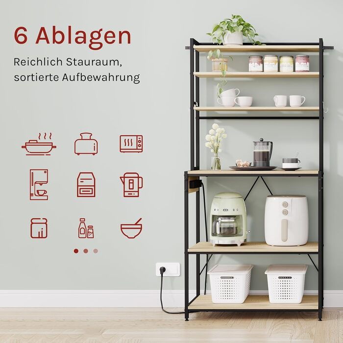 Кухонна полиця WOLTU з 6 ярусами, з розетками, мікрохвильова полиця з 6 гачками, полиця для пекаря з металевим каркасом, регульовані полиці, Чорний+Рустикальне коричневе, 60 x 167 x 40 см (Чорний+світлий дуб, 80 x 39,5 x 167 см)