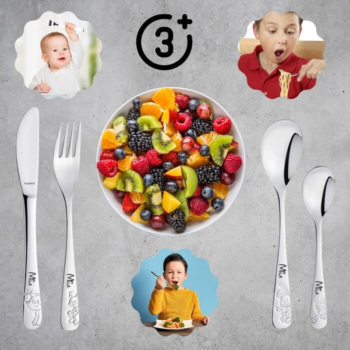 Дитячий набір столових приборів Kinderbesteck Waldfreunde з гравіюванням імені - персоналізований посуд - унікальний хрещення для хлопчика/дівчинки - 4-х предметний набір