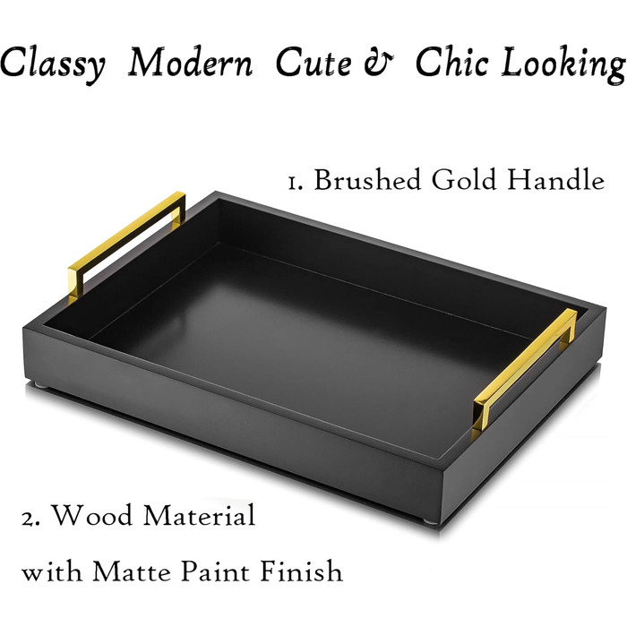 Hanobe Serving Tray Decor Tray Wood: Set of 3 Black Decorative Wooden Trays with Gold Handles Coffee Table, Rectangular Jewelry Tray, Bedside Table Tray, Modern Candle Tray, Coffee Decor Tray