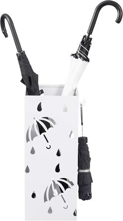 Lestarain Metal Umbrella Stand with Water Tray and Hooks - White Cube Design, 20x20x49cm