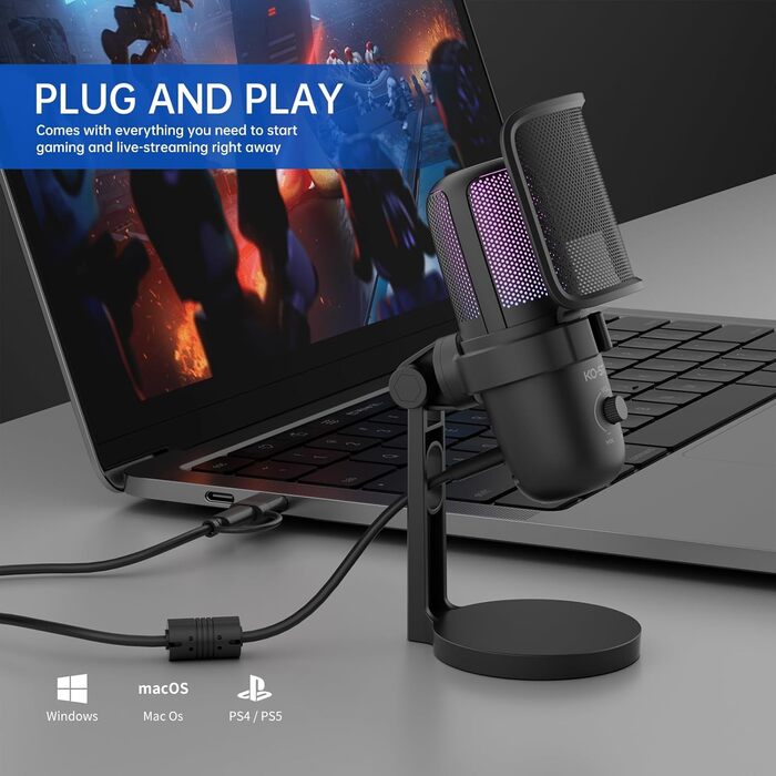KO-Star USB мікрофон з RGB підсвіткою для ПК та смартфона – конденсаторний мікрофон зі штильником, регулятором підсилення, поп-фільтром та антивібраційним кріпленням для стрімінгу, подкастів та запису