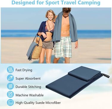 Рушник мікрофібра Flintronic, 200x100 см, великий для ванни, швидковисихаючий, спортивний, туристичний, пляжний, для тренажерного залу, сауни (Морська синя, 180x60 см + 80x40 см)