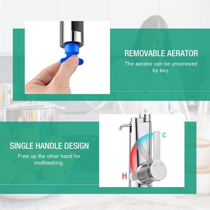 Кран кухонний водопровідний CREA Wasserfall висувний з дозатором мила, нержавіюча сталь, 360° обертання, 4 режими, хром