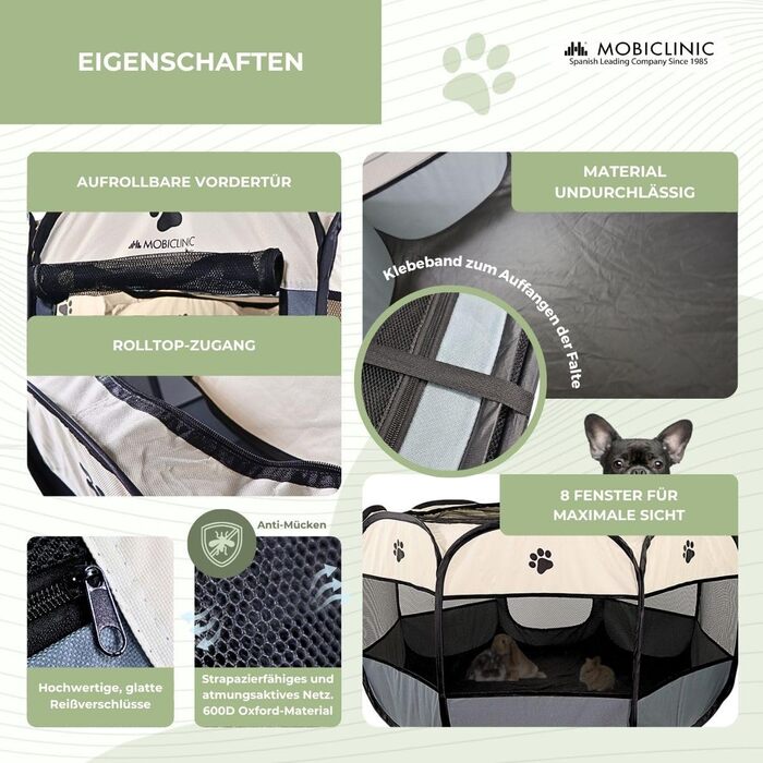 Mobiclinic® Pets: Вольєр для цуценят, розкладний, 114x114x58 см, Scooby, 2 входи, 8 вікон, сірий