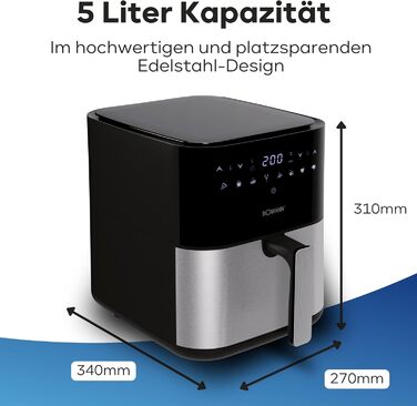 Аерофритюрниця Bomann XXL 5 л, нержавіюча сталь, електрична фритюрниця з цифровим дисплеєм, 8 програм, 360° циркуляція повітря, модель 2024, чорна
