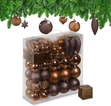 Набір прикрас для ялинки Relaxdays: 110 кульок, мішура та інше. Декоративні кульки для ялинки, коричневого кольору