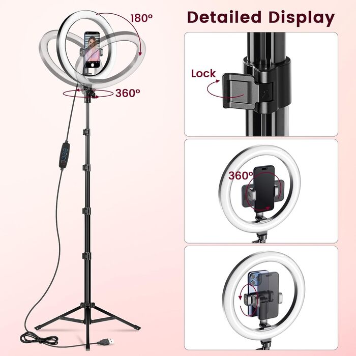 LED кільцева лампа 25 см з штативом 155 см та тримачем для телефону, регульована яскравість, для YouTube, відеозйомки, селфі, стрімінгу, макіяжу та фотографії