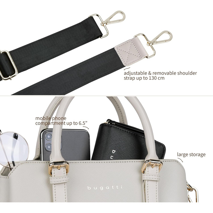 Сумка жіноча Bugatti Ella бежевого кольору, штучна шкіра Saffiano, середнього розміру, стиль боулінг