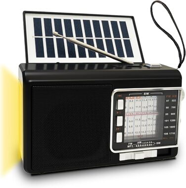 Портативне радіо на сонячній батареї з акумулятором 1200mAh, AM/FM/SW1-6, 8W динамік, Bluetooth, USB/TF, ліхтарик, кофр-радіо для кемпінгу та надзвичайних ситуацій (Чорний)
