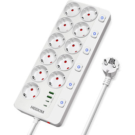 Многорозетка HEEKIM з USB, 11 розеток (2 USB-A, 2 USB-C), 4000W, 16A, з індивідуальним вимикачем, 2м кабель, для дому, школи, офісу