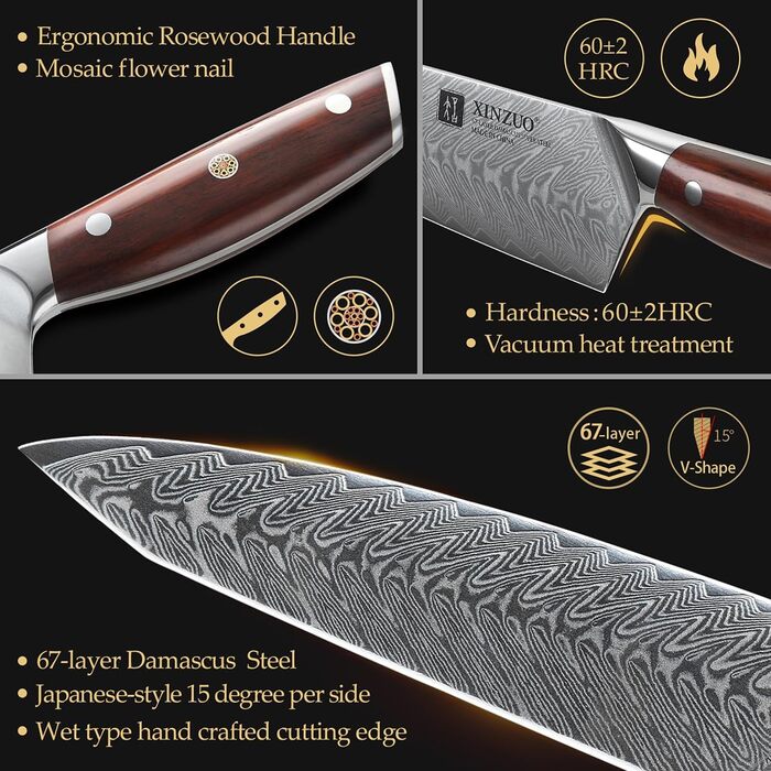 Ніж кухарський XINZUO Damaststahl Kiritsuke 21см, професійний, з ручкою з рожевого дерева, з магнітною підставкою