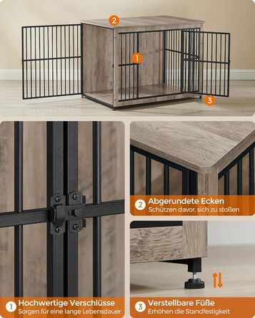 Клітка для собак Feandrea XL, меблева, з журнальним столиком, для собак до 37 кг, міцна, закритий дно, 2 двері, сірий меланж (110 x 76 x 82 см)