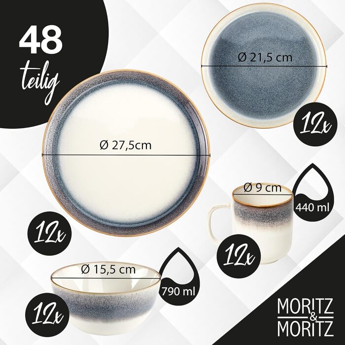 Moritz & Moritz TARENTO 24-Piece Dinnerware Set, 6 People, Blue - Elegant Plate Set made of high-quality stoneware - Dinnerware set consisting of 6 dinner plates, 6 dessert plates, 6 soup plates, and 6 cups