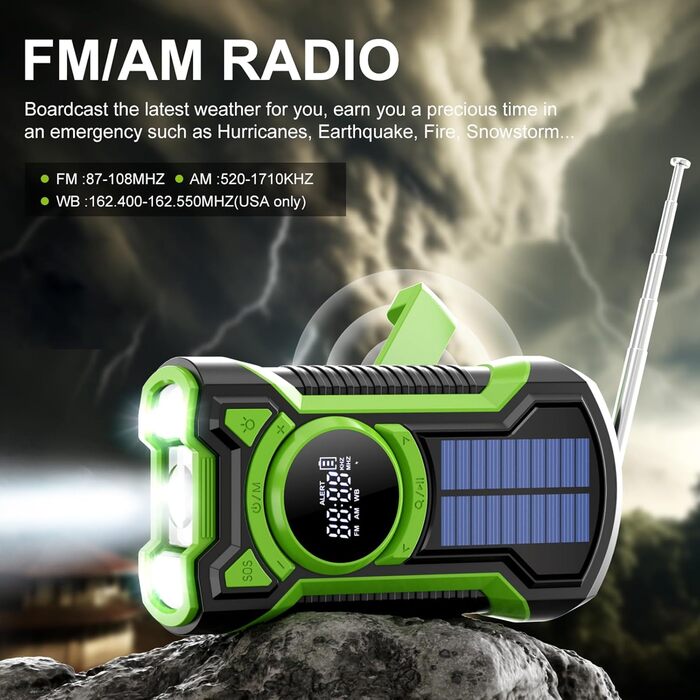 Радіо на сонячній батареї та ручному приводі Gemmac 5000mAh з Bluetooth, USB AM/FM, Power Bank, SOS-сигналом, ліхтариком – для кемпінгу та виживання (Зелений)