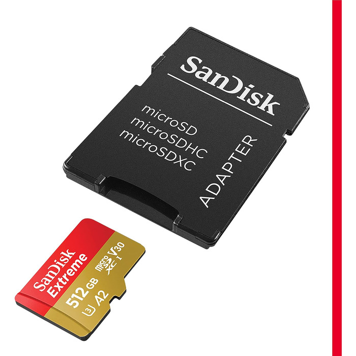 Карта пам'яті SanDisk Extreme microSDXC 512GB з адаптером, швидкість читання до 190МБ/с, Class 10, UHS-I, U3, V30