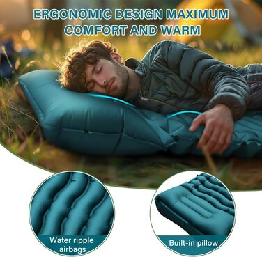 Yuzonc Self-Inflating Camping Mat with Foot Pump & Pillow - Compact & Lightweight Inflatable Sleeping Pad for Outdoor Use (Green & Blue)