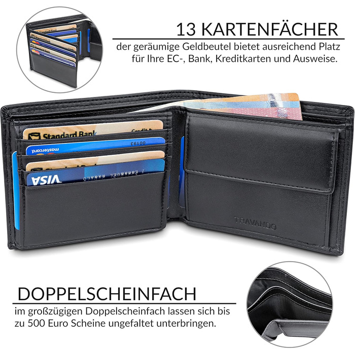 TRAVANDO Wallet for Men - Large, TÜV RFID Certified, Bi-Fold Wallet with 13 Card Slots, Coin Pocket, Oslo Wallet