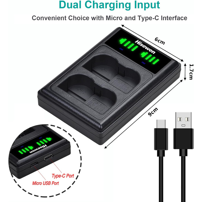 Акумулятор Hisewen NP-FZ100 та подвійний зарядний пристрій для Sony ZV-E10 II, Alpha A7III, A7RIII, A7RIV, A7RV, A7SIII, A7C, A7C II, A7CR, A6600, A9, A9II, FX3