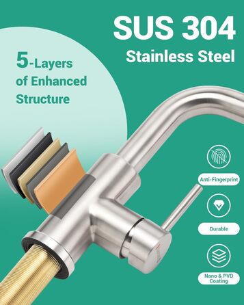 Кухонний змішувач Dayone з висувною лійкою, нержавіюча сталь SUS304, високий тиск, 2 функції, поворотна лійка 360°, L-подібна форма, G6808bn