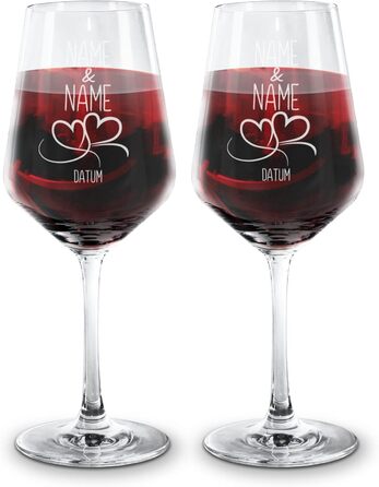 Engraved Wine Glasses - Hearts - Personalize with Name & Date - Engraved Red Wine Glasses for Couples, Gift for Valentine's Day, Wedding, Christmas, Set of 2