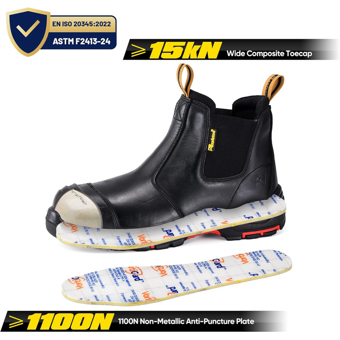 Черевики робочі S3 для чоловіків та жінок, M-8025NB, захисне взуття, шкіряні, водонепроникні, дихаючі, легкі, зручні, композитний захист пальців, антипрокольна підошва, S1P (Чорний, 38 EU)