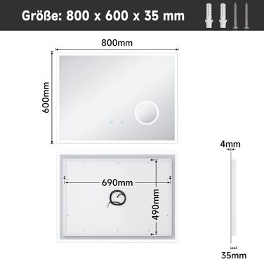 Дзеркало для ванної кімнати SONNI з підсвічуванням 80x60 см, 3 кольори світла, проти запотівання, LED, сенсорна кнопка, годинник, температура, 3-кратне збільшення