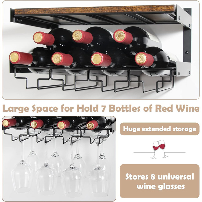 B4Life Wall Mounted Wine Racks, Stemware Holder Wall Mount with Stemware Hangers Modern Wine Display Storage Holder for Kitchen Dining Room Bar - Holds 8 x Glasses and 7 x Wine Bottles